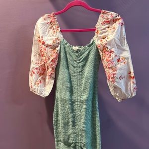 O. Vianca Ruched Green Dress with Puffy Sleeves